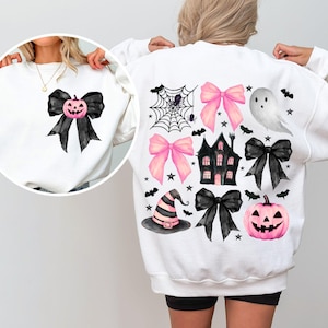 Coquette Halloween PNG halloween pumpkin pink bows cute Halloween design for kids Preppy sublimation Spooky Png spiders ghost haunted house image 2
