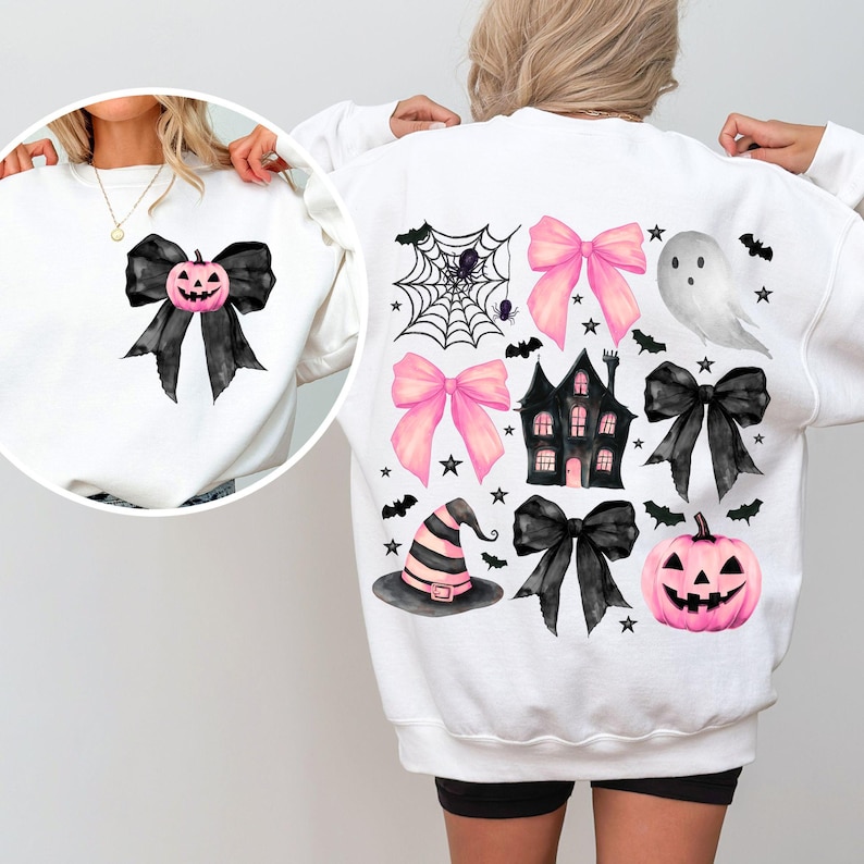 Coquette Halloween PNG halloween pumpkin pink bows cute Halloween design for kids Preppy sublimation Spooky Png spiders ghost haunted house image 2