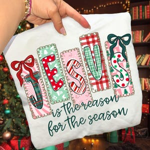 Jesus Is The Reason For The Season PNG Coquette Christian Christmas PNG Preppy Bow Retro Christmas Tree PNG Hand Drawn Gingham Tartan Doodle