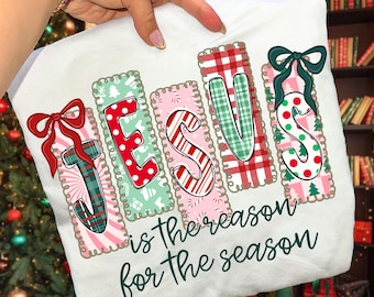 Jesus Is The Reason For The Season PNG Coquette Christian Christmas PNG Preppy Bow Retro Christmas Tree PNG Hand Drawn Gingham Tartan Doodle