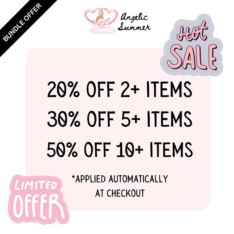 May include: A pink background with text promoting a sale. The text includes "20% OFF 2+ ITEMS", "30% OFF 5+ ITEMS", and "50% OFF 10+ ITEMS". The image also features the words "Hot SALE" and "LIMITED OFFER".