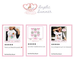 May include: Three Etsy product listings with five-star reviews and text describing the products. The first listing is for a baseball-themed graphic with the text "Baseball Mama". The second listing is for a set of six soccer balls with pink bows. The third listing is for a cottagecore-themed graphic with chickens and the text "Chicken Mama".