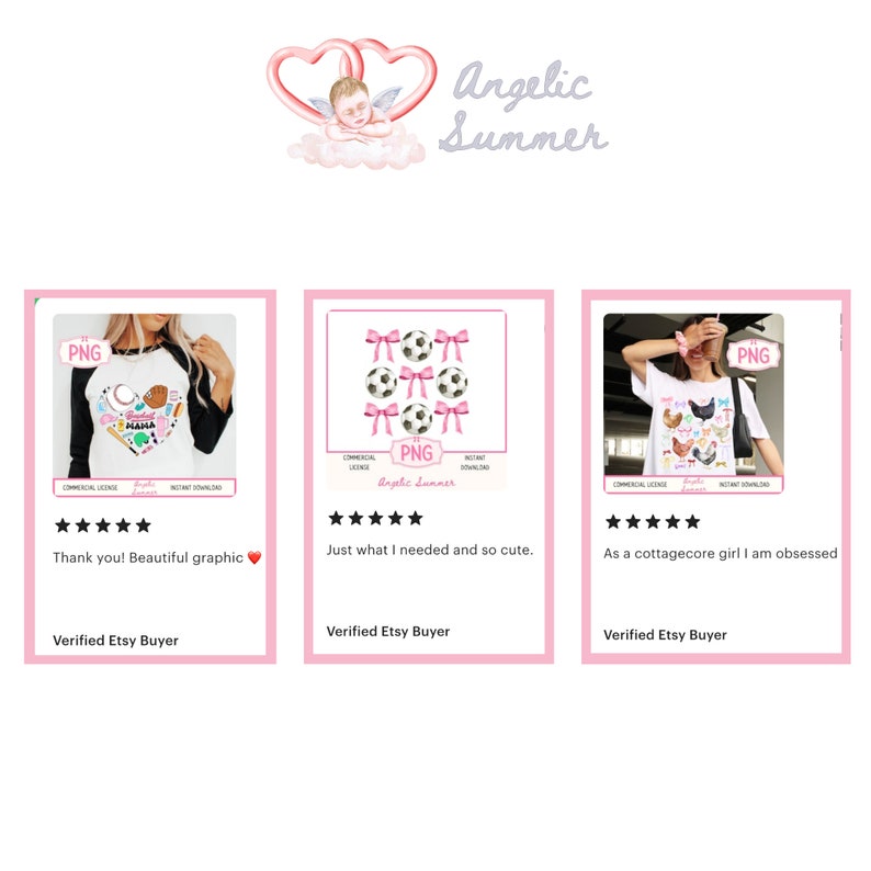 May include: Three Etsy product listings with five-star reviews and text describing the products. The first listing is for a baseball-themed graphic with the text "Baseball Mama". The second listing is for a set of six soccer balls with pink bows. The third listing is for a cottagecore-themed graphic with chickens and the text "Chicken Mama".