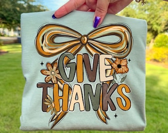 Coquette Give Thanks PNG Thanksgiving Hand Drawn Doodle Bow Png Preppy Brush Stroke Fall Retro Neutral Distressed Trendy Sublimation 2025