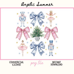 May include: Watercolor illustrations of Christmas and ballet-themed elements. The image includes nutcrackers, bows, a ballerina, a Christmas tree, and stars. The text "Angelic Summer", "Commercial License", "png file", and "Instant Download" are also present.