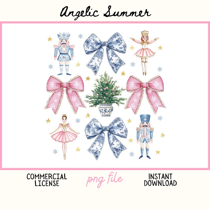 May include: Watercolor illustrations of Christmas and ballet-themed elements. The image includes nutcrackers, bows, a ballerina, a Christmas tree, and stars. The text "Angelic Summer", "Commercial License", "png file", and "Instant Download" are also present.