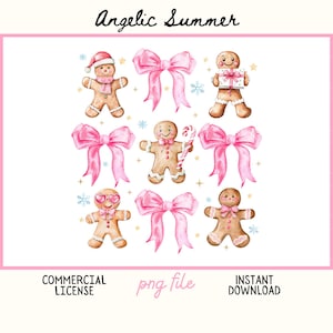 Pu&ograve; includere: Illustrazione ad acquerello con omini di pan di zenzero, fiocchi rosa, fiocchi di neve e stelle. L'immagine include il testo "Angelic Summer", "Commercial License", "png file" e "Instant Download".