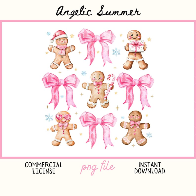 Pu&ograve; includere: Illustrazione ad acquerello con omini di pan di zenzero, fiocchi rosa, fiocchi di neve e stelle. L'immagine include il testo "Angelic Summer", "Commercial License", "png file" e "Instant Download".