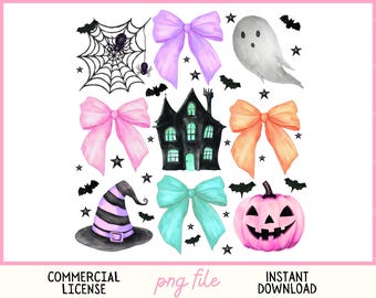 May include: Watercolor illustrations of Halloween-themed elements, including a haunted house, bows, a ghost, a witch's hat, a spider web, bats, stars, and a pink jack-o'-lantern. The text "Angelic Summer", "COMMERCIAL LICENSE", "png file", and "INSTANT DOWNLOAD" are also included.