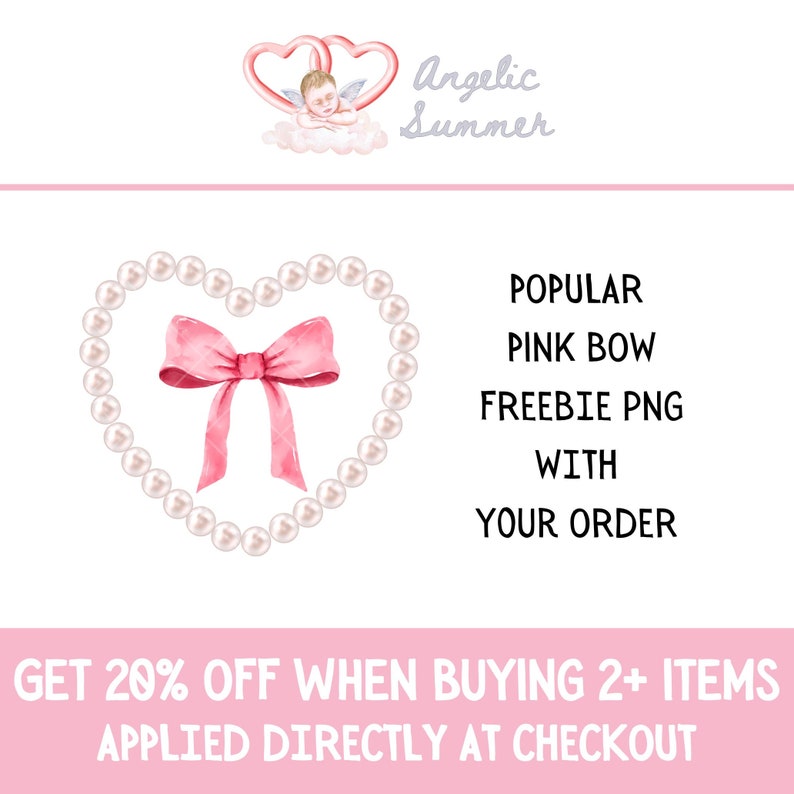 Puede incluir: Un lazo rosa con un collar de perlas en forma de coraz&oacute;n. El texto "POPULAR PINK BOW FREEBIE PNG WITH YOUR ORDER" est&aacute; debajo de la imagen. El texto "GET 20% OFF WHEN BUYING 2+ ITEMS APPLIED DIRECTLY AT CHECKOUT" est&aacute; en la parte inferior de la imagen.