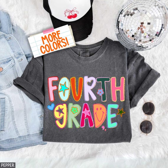 Comfort Colors® Fourth Grade Teacher Shirt Preppy Hand Drawn Colorful Doodle Stars Messy Gold Glitter Teacher T-shirt Appreciation Gift Tee
