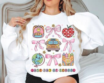 Last day of School Groovy PNG Coquette kids pink bow Teacher PNG School bus Png Cute doodle Png for girls Pencil with bow Elementary