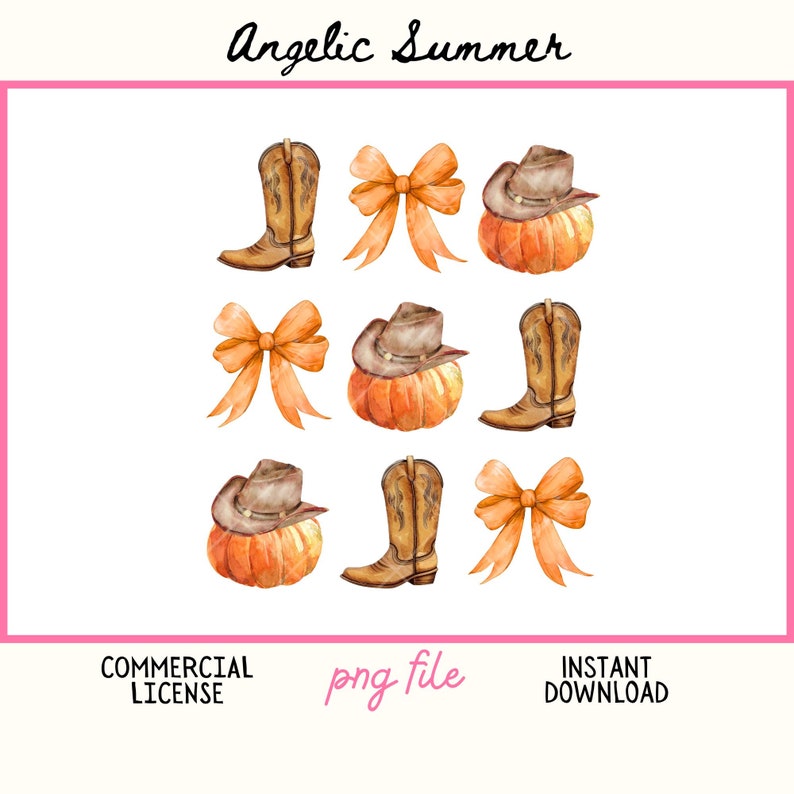 Op de afbeelding: Waterverfillustratie met cowboylaarzen, pompoenen met cowboyhoeden en oranje strikken. De tekst "Angelic Summer" staat bovenaan, met "COMMERCIAL LICENSE", "png file" en "INSTANT DOWNLOAD" onderaan.