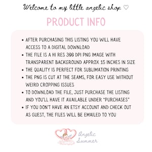 May include: A digital download product info graphic with text in black and pink. The text includes details about the file type, size (approximately 15 inches), and usage instructions. The shop name "Angelic Summer" is at the bottom.