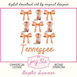 May include: Digital download of a watercolor illustration of nine orange bows and cowboy boots with the text "Tennessee" in orange. The image also includes the text "png file", "COMMERCIAL LICENSE", and "INSTANT DOWNLOAD" in a white box with a pink border. The text "Angelic Summer" is below the box.