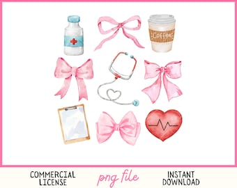 Coquette Nurse PNG 3x3 pink bows preppy Png watercolor retro nurse shirts design Girly PNG for nurses cute nurse gift idea Nurse sublimation