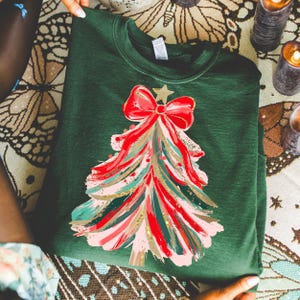 Preppy Christmas Tree PNG Messy Hand drawn Hot Red doodle Png Brush strokes Coquette Bow Faux glitter Gold Festive Ornament Art Holiday