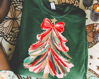 Preppy Christmas Tree PNG Messy Hand drawn Hot Red doodle Png Brush strokes Coquette Bow Faux glitter Gold Festive Ornament Art Holiday