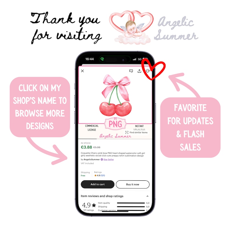 May include: A smartphone displays a cherry design with a pink bow, text that says "PNG", and the shop name "Angelic Summer". The screen also shows the text "Thank you for visiting", and "Favorite for updates & flash sales".