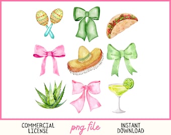 May include: A set of nine watercolor illustrations featuring a variety of Mexican-themed imagery, including maracas, sombreros, bows, tacos, and a margarita glass. The illustrations are in shades of green, pink, yellow, and brown.