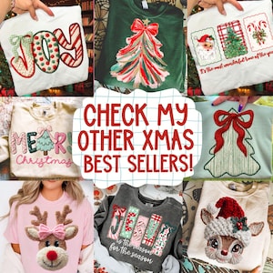 May include: A collection of Christmas-themed sweatshirts and t-shirts. Designs include the word "JOY", a Christmas tree, a reindeer, and the word "JESUS". The text "CHECK MY OTHER XMAS BEST SELLERS!" is also visible.