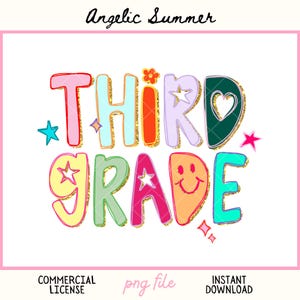 May include: A vibrant "Third Grade" design with glitter detailing, stars, and a smiley face. The design uses a palette of pink, orange, green, and blue. Ideal for back-to-school or classroom decoration.