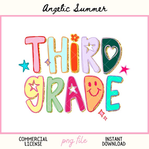 Third Grade PNG Hand Drawn Messy Doodle Gold Glitter PNG Funny Color Block Shabby Chic Messy Preppy Grade Level Teacher PNG Back To School