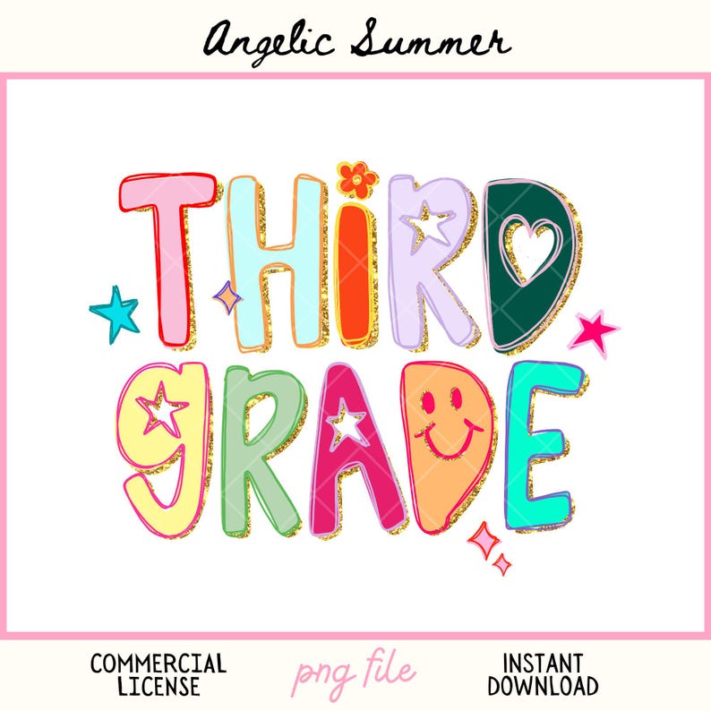 May include: A vibrant "Third Grade" design with glitter detailing, stars, and a smiley face. The design uses a palette of pink, orange, green, and blue. Ideal for back-to-school or classroom decoration.
