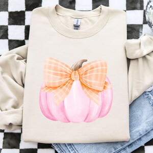 May include: A beige crewneck sweatshirt featuring a watercolor illustration of a pink pumpkin with an orange plaid bow. The pumpkin has a brown stem. The sweatshirt is folded on a black and white checkered surface.