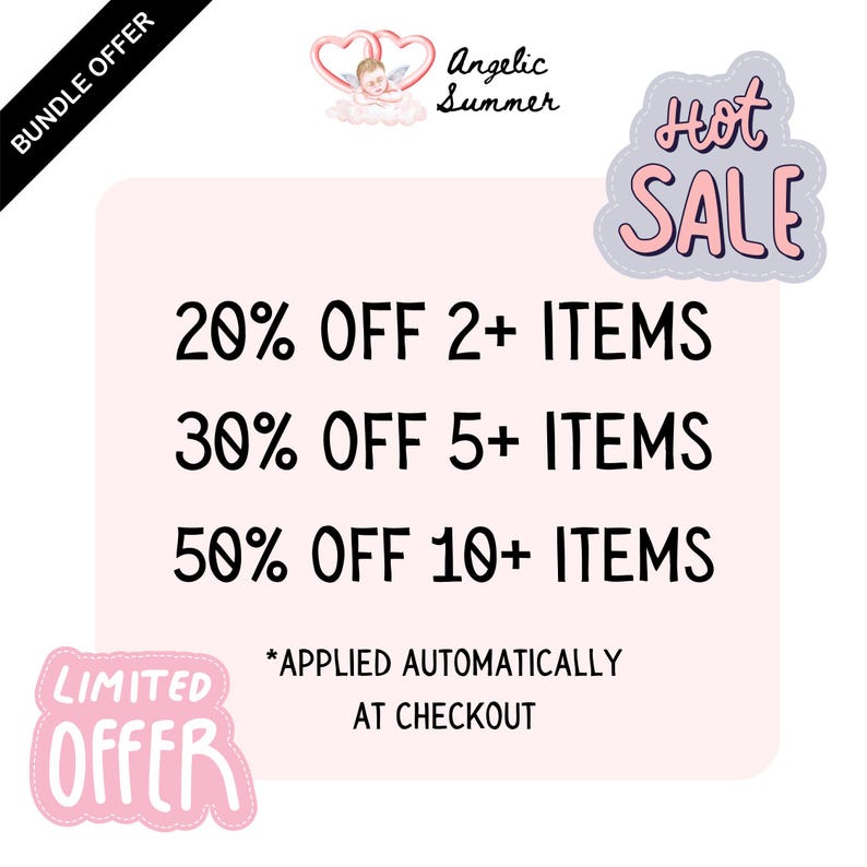 Op de afbeelding: Een roze promotieafbeelding met tekst die een uitverkoop aankondigt. De tekst luidt "20% KORTING OP 2+ ITEMS", "30% KORTING OP 5+ ITEMS" en "50% KORTING OP 10+ ITEMS". De afbeelding bevat ook de woorden "Hot SALE" en "LIMITED OFFER".