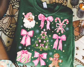 Coquette Christmas PNG Candy Cane Pink Bows Santa Christmas Tree Gifts Gingerbread Presents Retro Pink Christmas design for kids Girly Xmas