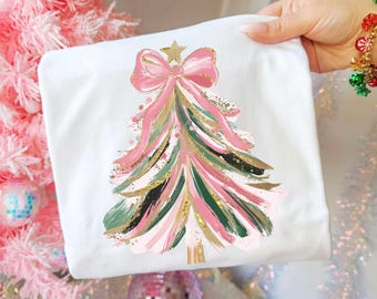 Colorful Christmas Tree PNG Hand drawn doodle Png Brush strokes Coquette Pink Bow Faux glitter Gold Festive Ornament Art Holiday Projects