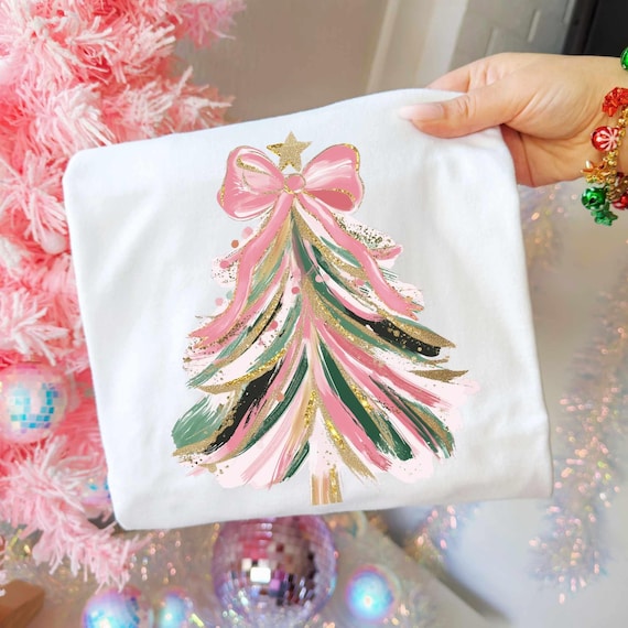 Colorful Christmas Tree PNG Hand drawn doodle Png Brush strokes Coquette Pink Bow Faux glitter Gold Festive Ornament Art Holiday Projects