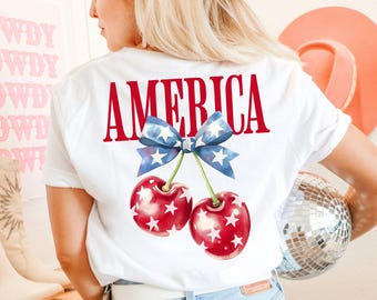 Coquette 4th of July PNG Cherries American Flag with blue stars Png Girly patriotic Png Memorial day Png Usa trendy preppy independence day