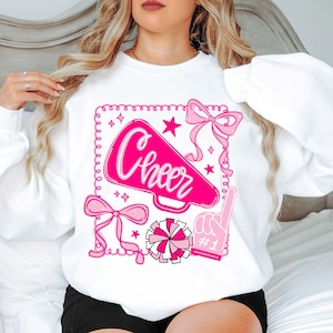 Coquette Cheer PNG Hand Drawn PNG Sublimation Design PNG Trendy Preppy Whimsical Bow Girly Hot Pink Cheerleader Mama Pom Poms