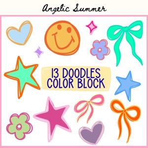 Könnte beinhalten: Eine Sammlung von 13 farbenfrohen Doodle-Illustrationen, darunter Sterne, Herzen, Blumen, Schleifen und ein Smiley-Gesicht. Der Text "13 DOODLES COLOR BLOCK" befindet sich auf einem gelben Banner. Die Worte "Angelic Summer" stehen oben.