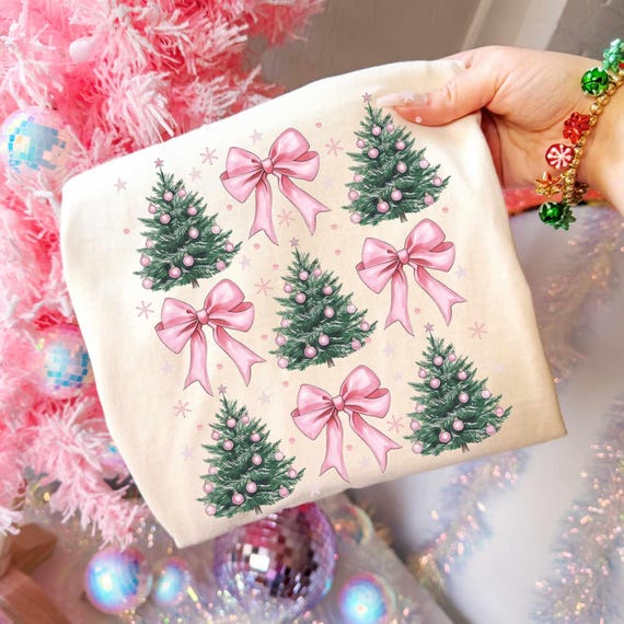 Coquette Christmas Tree PNG Pink Bows Png Retro Christmas Preppy Png Pink Christmas Png design for kids Girly Xmas Png room decor