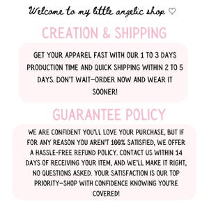 Może przedstawiać: Grafika z tekstem "Welcome to my little angelic shop". Zawiera r&oacute;wnież informacje o tworzeniu, wysyłce i polityce gwarancyjnej. Tekst jest w stylu odręcznym z r&oacute;żowymi akcentami.