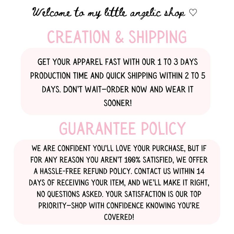 Może przedstawiać: Grafika z tekstem "Welcome to my little angelic shop". Zawiera r&oacute;wnież informacje o tworzeniu, wysyłce i polityce gwarancyjnej. Tekst jest w stylu odręcznym z r&oacute;żowymi akcentami.