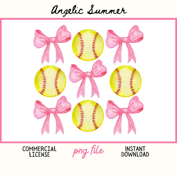 Coquette Softball PNG Vintage Watercolor digital file pink bow ribbon ball Aesthetic PNG mom girly preppy boujie 300 DPI