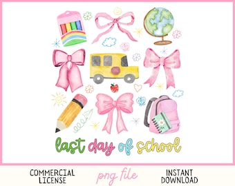 Last day of School Coquette PNG Preppy kids pink bow school Teacher PNG  School bus Png Cute doodle Png for girls Pencil with bow Elementary