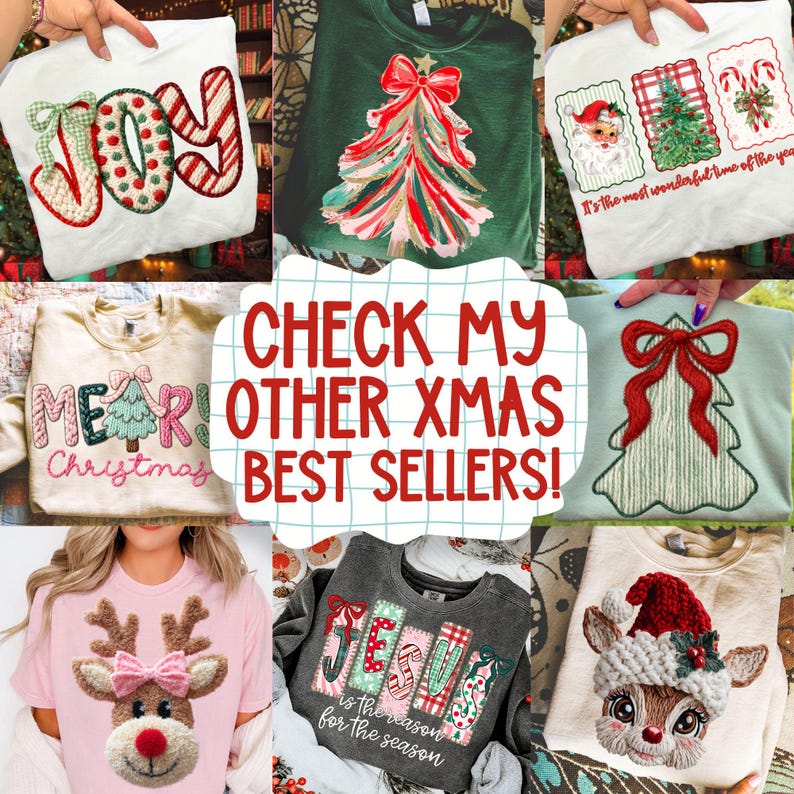 May include: A collection of Christmas-themed sweatshirts and t-shirts. Designs include the word "JOY", a Christmas tree, Santa Claus, the word "MERRY", a reindeer, and the word "JESUS". The text "CHECK MY OTHER XMAS BEST SELLERS!" is also visible.