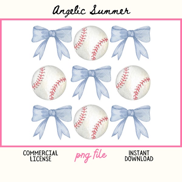 Coquette Baseball PNG Vintage Watercolor digital file blue bow ribbon baseball ball Aesthetic PNG baseball mom girly 300 DPI