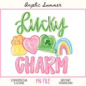 Puede incluir: Gráfico digital con las palabras "Lucky Charm" en letras verdes y rosas. El diseño incluye un pote de oro, un corazón, un trébol y un arcoíris, todos con detalles de purpurina dorada. También se incluyen las palabras "Commercial License", "PN File" e "Instant Download".