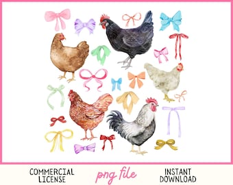 Coquette Chicken PNG 3x3 pastel bows retro animal lover farm cottagecore girly girl tshirt sublimation gift  trendy aesthetic watercolor