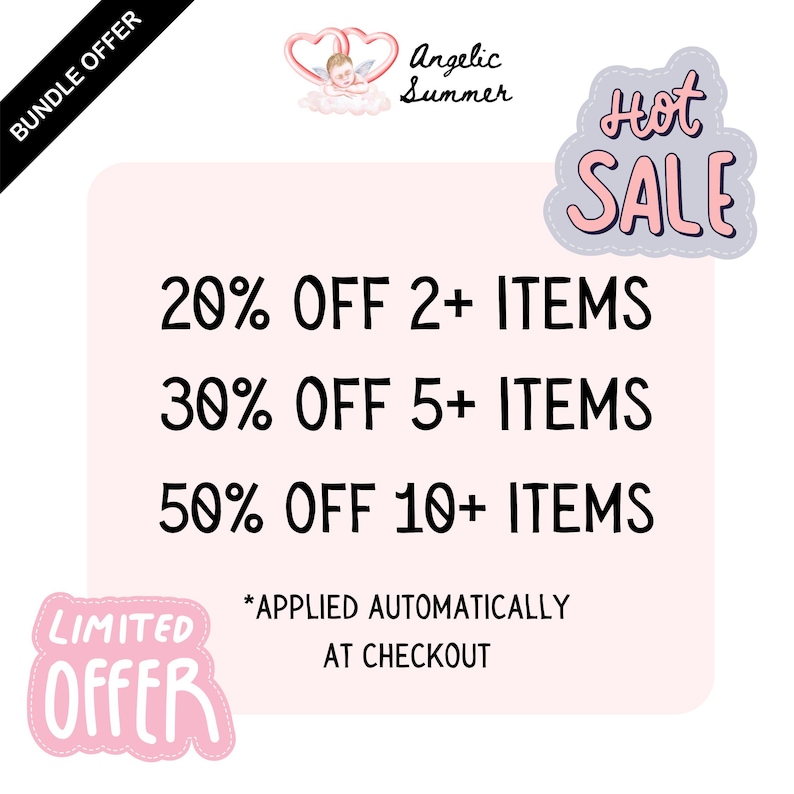 Pu&ograve; includere: Grafica rosa e bianca con testo che offre sconti: 20% di sconto su 2+ articoli, 30% di sconto su 5+ articoli e 50% di sconto su 10+ articoli. L'immagine include le parole "Hot Sale" e "Limited Offer". Il marchio "Angelic Summer" &egrave; visibile.