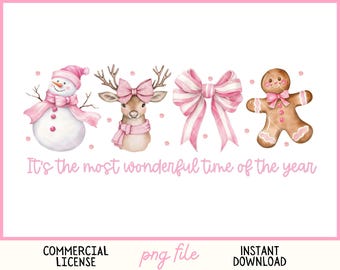 Coquette Christmas PNG It's the most wonderful time of the year PNG Pink Bow candy cane Reindeer Gingerbread Xmas Retro kids Girly Xmas
