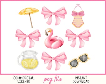 Coquette summer PNG 3x3 pink bow collage watercolor soft girl girly trendy aesthetic lemonade flamingo vacation preppy tshirt sublimation