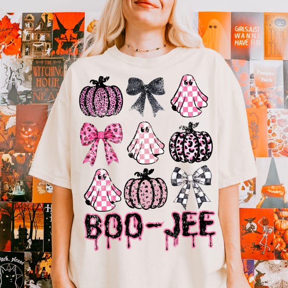 Boo Jee Halloween PNG with bows Checkered Ghosts PNG Leopard Pumpkin png Hot pink halloween Png Halloween Boujee Sublimation design