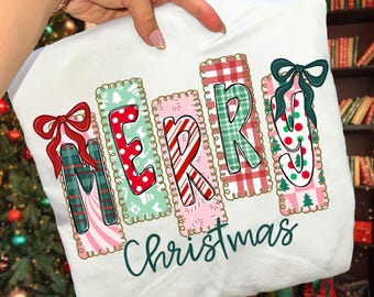 Coquette Merry Christmas PNG Preppy Bow Retro Christmas Tree PNG Red Pink Hand Drawn Whimsical Frame Gingham Tartan Candy Cane Png Doodle